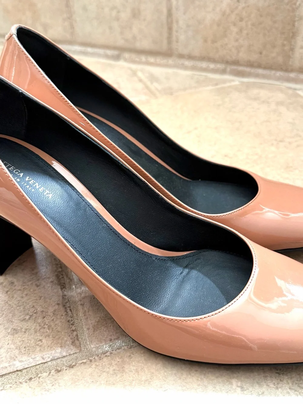 Bottega Veneta Patent Nude Pink Mid-Heel Pumps